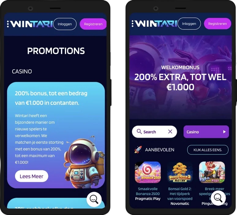 Wintari Casino mobiele website en app op een smartphone